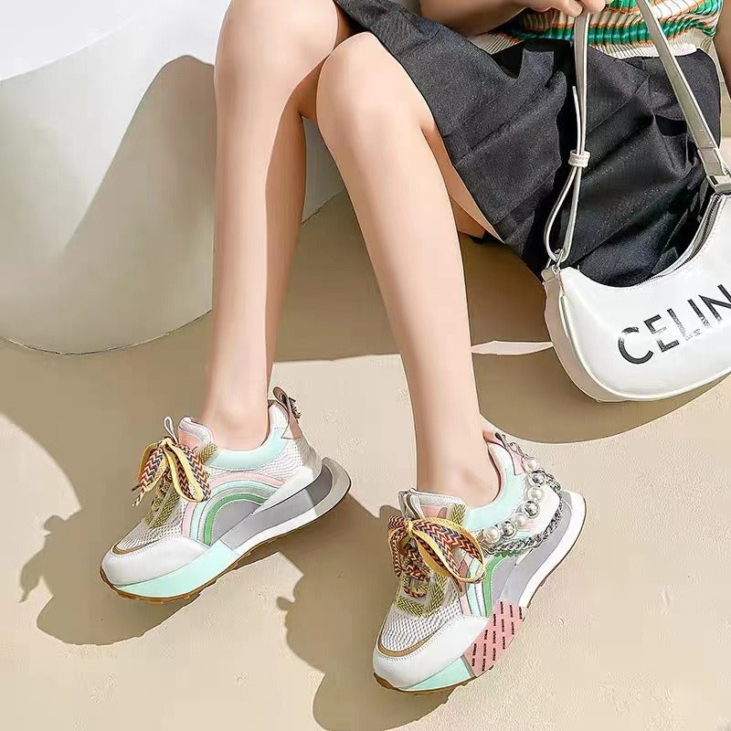 Women Leather Sneakers Lace Up Rainbow Colors Platform Shoes Pearls Chain - 2bazar4