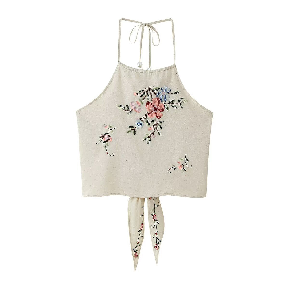 Hanging collar flower embroidered top