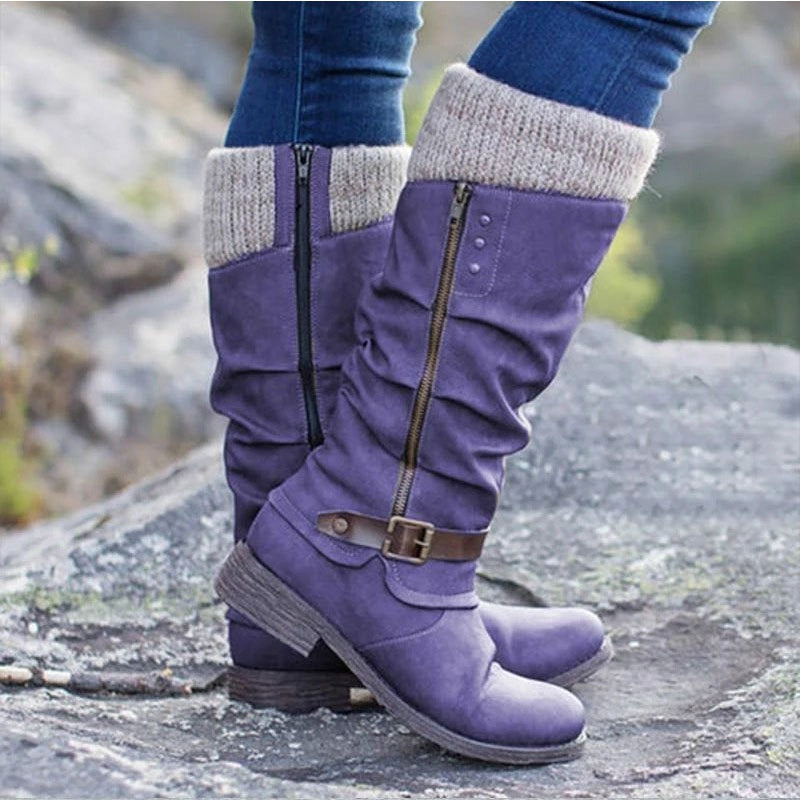 Large size mid length knight boots, new thick heeled side zippered woolen patchwork women's boots