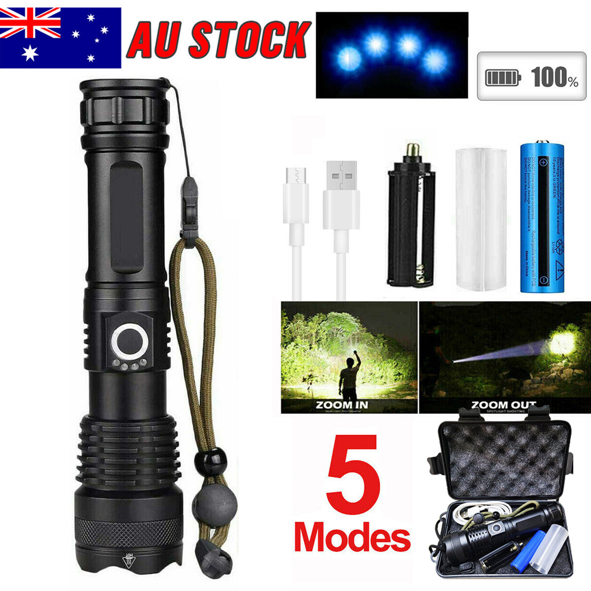 USB Rechargeable LED Flashlight 5-Mode Outdoor Camping Hiking Flashlight(Platform policies vary; relevant qualifications are attached via link, please do not list products without required qualifications)