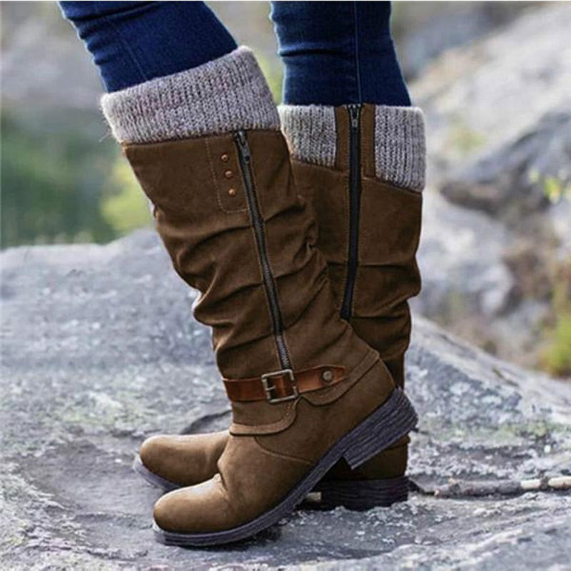 Large size mid length knight boots, new thick heeled side zippered woolen patchwork women's boots