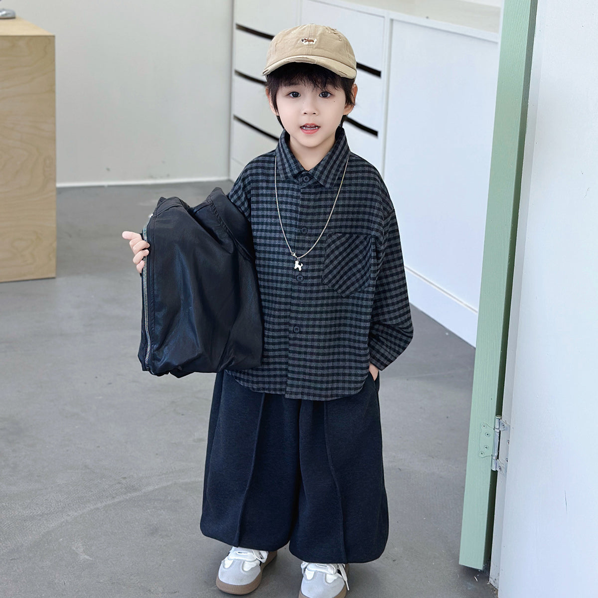 Boys Leather Jacket 3-Piece Set with Shirt and Striped Pants - product image 4