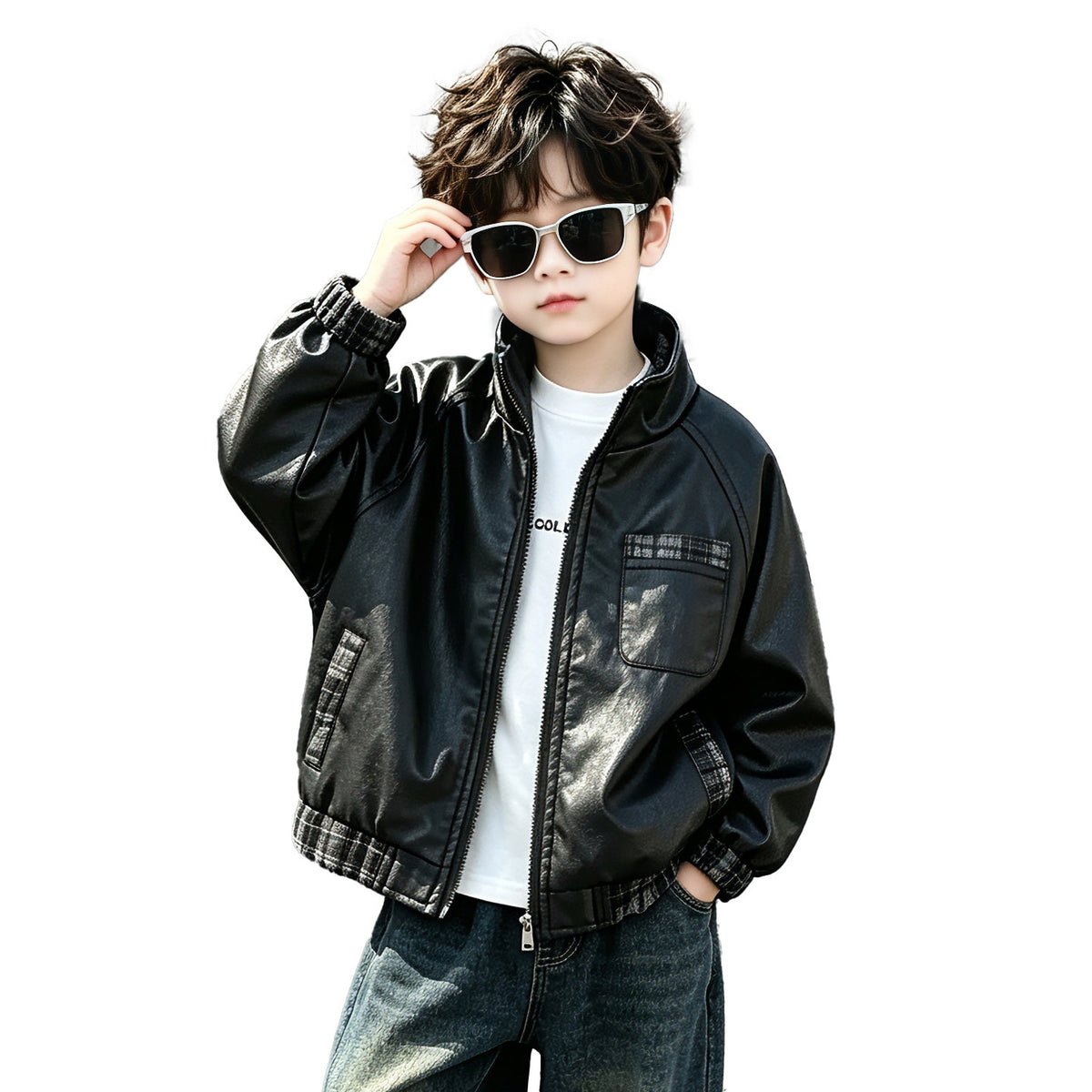 Boys' Trendy PU Leather Motorcycle Jacket Spring Autumn Cool Outerwear - product image 3