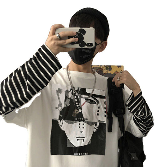 Autumn New Instagram Naruto Long sleeved T-shirt for Men and Women Couple Striped Fake Two Piece Set Student Loose Top