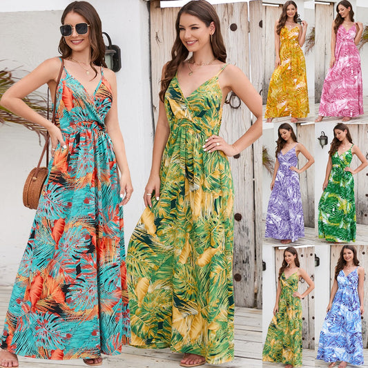 Women's New Bohemian Print Dress Long Sexy V-Neck Halter Dress - 2bazar4