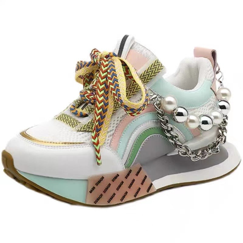 Women Leather Sneakers Lace Up Rainbow Colors Platform Shoes Pearls Chain - 2bazar4