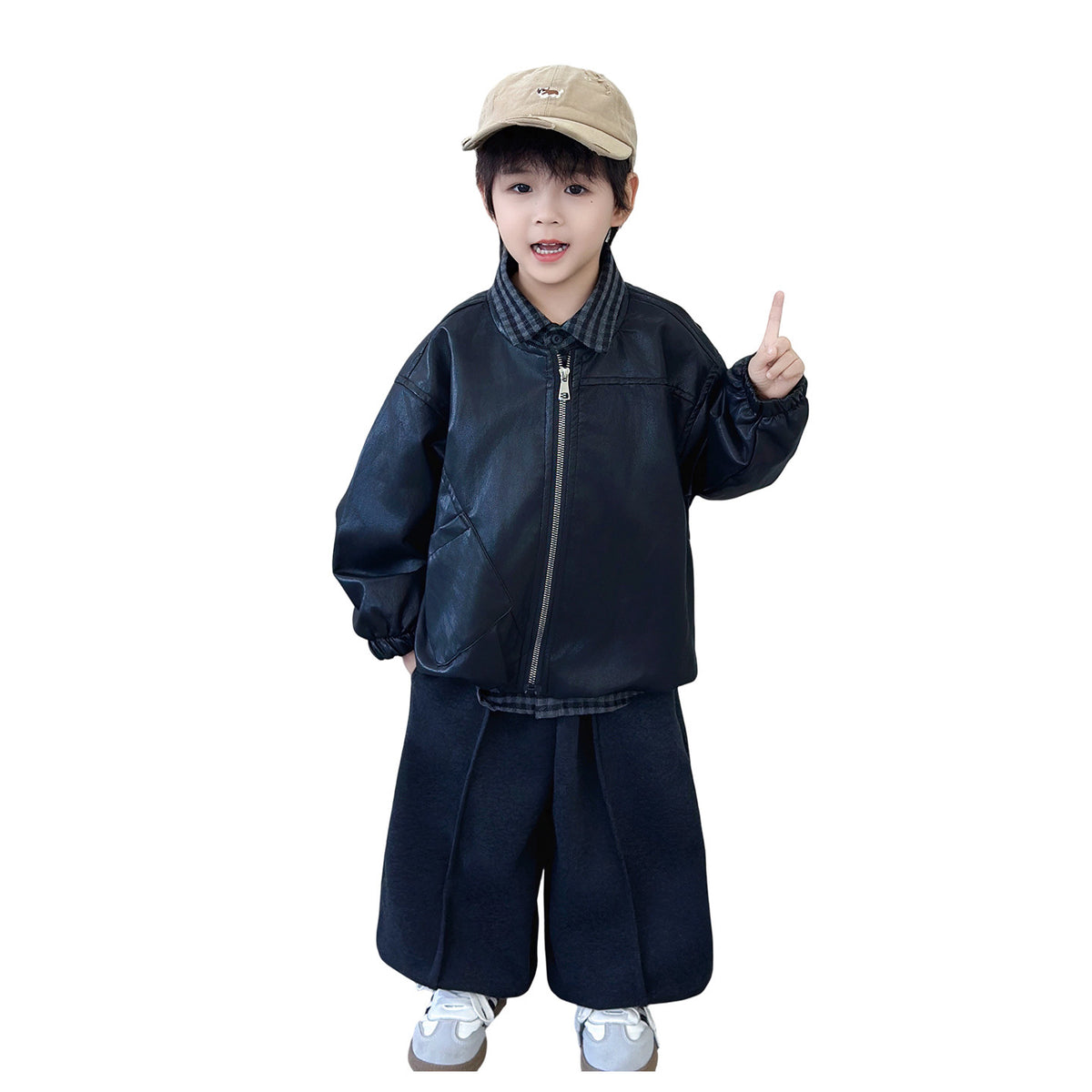 Boys Leather Jacket 3-Piece Set with Shirt and Striped Pants - product image 5