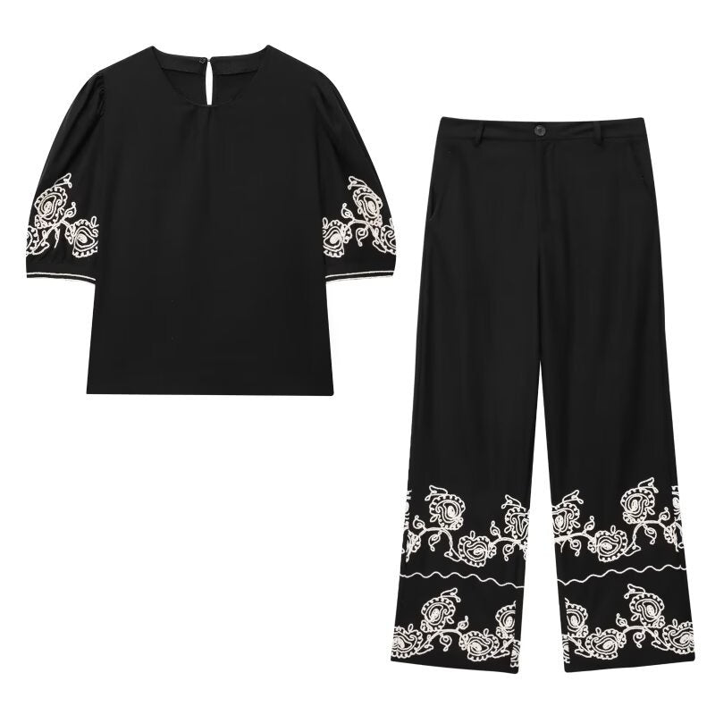 Women's Linen Blend Embroidered Top + Embroidered Wide-leg Pants Set