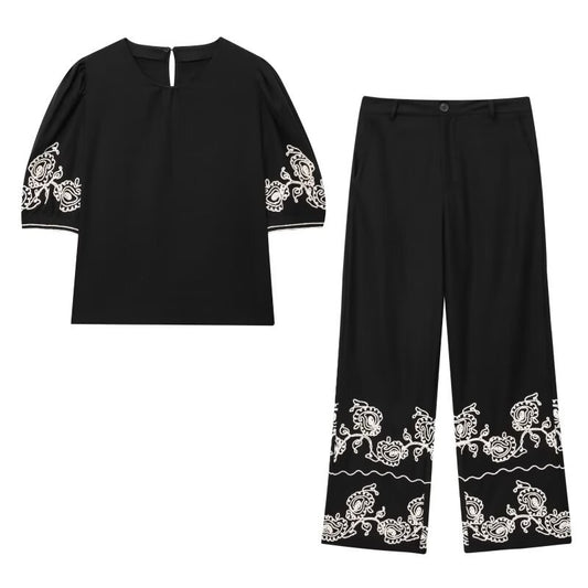 Women's Linen Blend Embroidered Top + Embroidered Wide-leg Pants Set