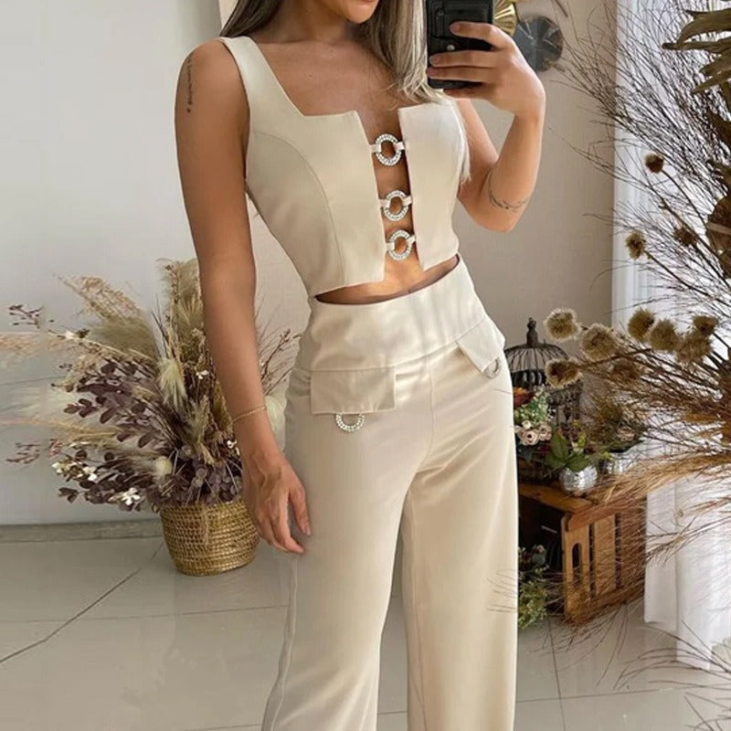 Fashion Womens Set Sexy Sleeveless Square Neck Top Loose Flare Pants Two Piece Set - 2bazar4