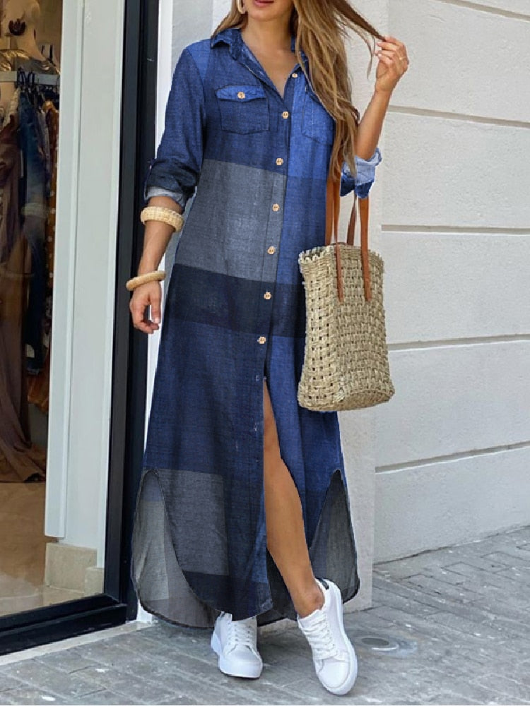 Long Sleeve Dress Checked Plaid Robe Maxi Beach Dress Summer Elegant Women Button Long Shirt Dress - 2bazar4