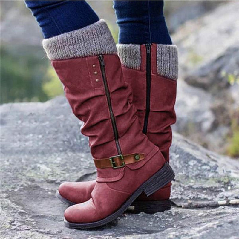 Large size mid length knight boots, new thick heeled side zippered woolen patchwork women's boots