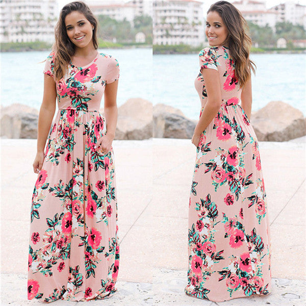 Women Long Maxi Dress Summer Floral Print Boho Beach Dress Short Sleeve Evening Party Dress Tunic Vestidos Plus Size XXXL - 2bazar4