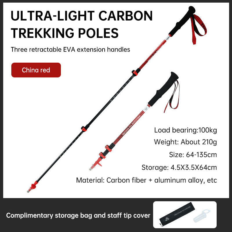 Outdoor Camping Alpenstock Carbon Ultra Light Telescopic Walking Stick Folding Non-slip Walking Stick Mountain Hiking Equipment - 2bazar4