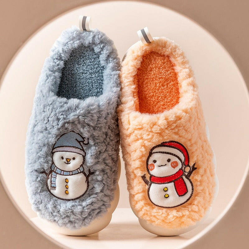 Cute Snowman Slippers Winter Indoor Household Warm Plush Thick-Soled Anti-slip Couple Home Slipper Soft Floor Bedroom House Shoe - 2bazar4