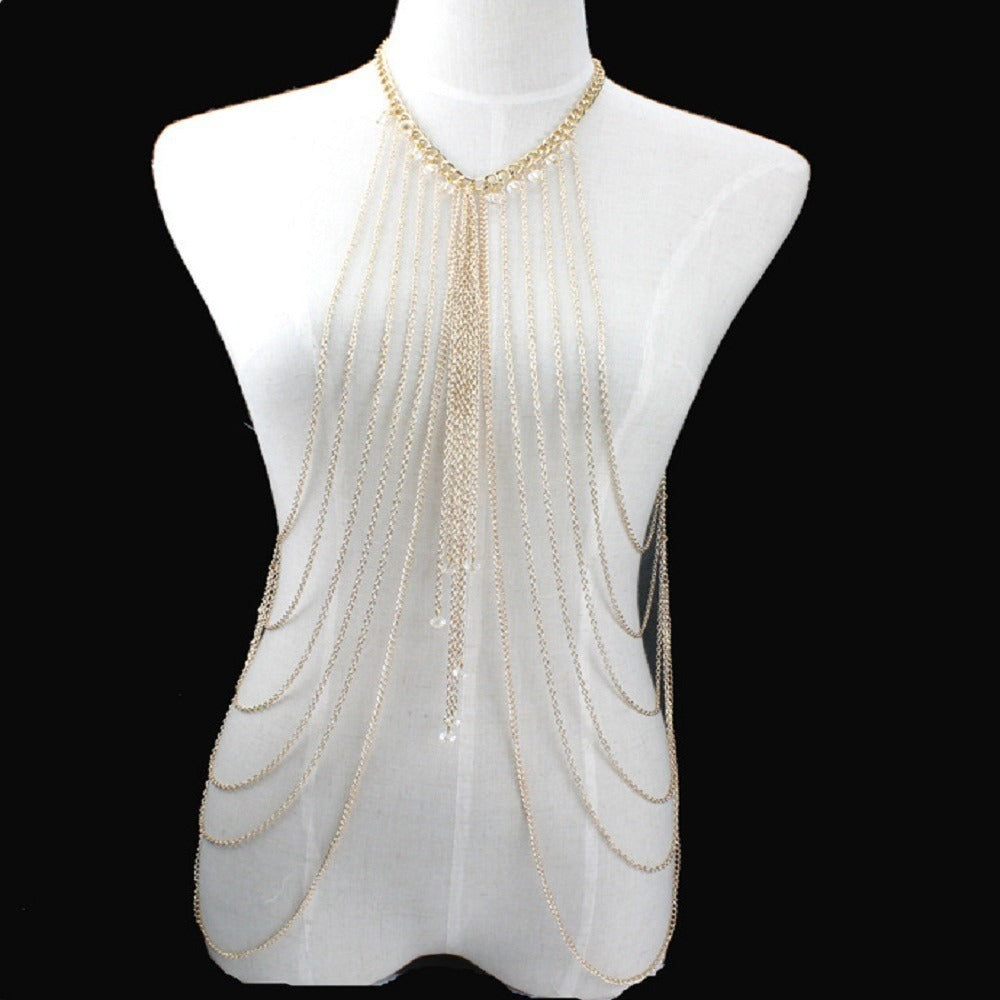 New Hot Selling Fashion Sexy Crystal Multi layered Tassel Long NecklacHot Selling Fashion Sexy Crystal Multi layered Tassel Long Necklace Body Chain Beauty Body Chain WomenMaterial: AlloySize：45cm+6cm