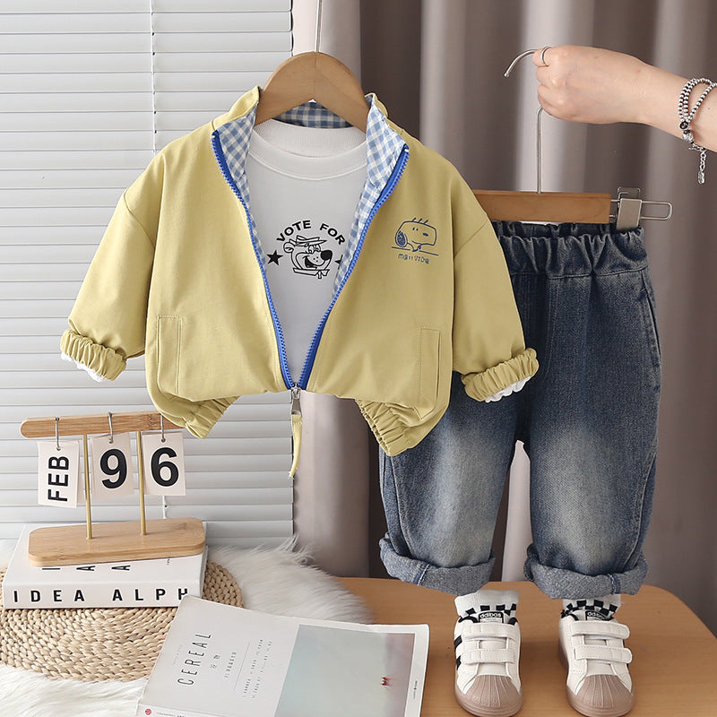 Casual Cartoon Printed Dog Head Zip-Up Jacket Three-Piece Set for Toddler Boys - product image 4