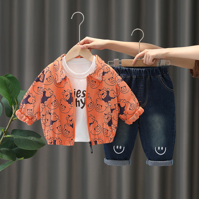 Toddler Bear Print 3-Piece Outfit Set – Zip Jacket & Trousers