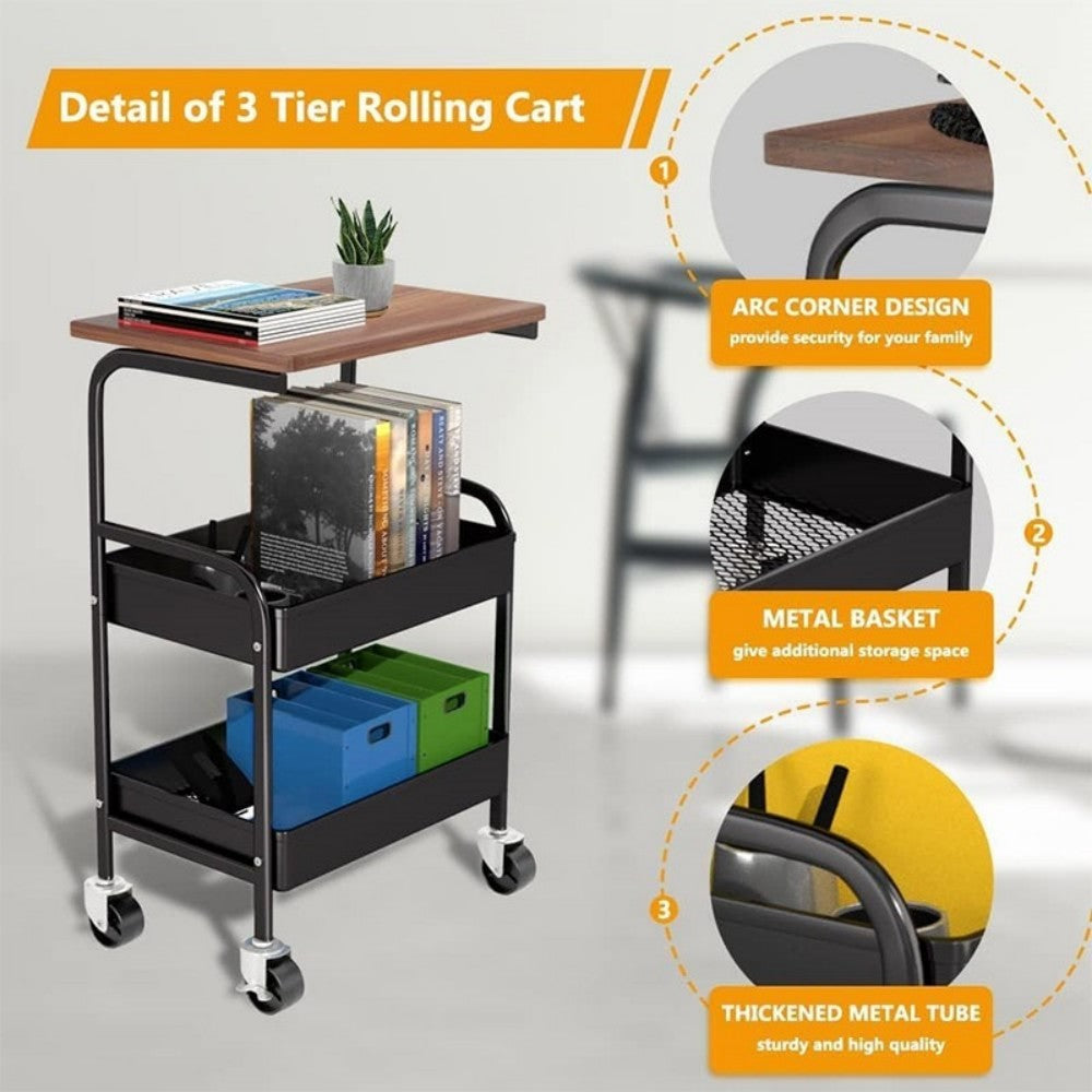 3 Tier Rolling Cart with Wooden Tabletop, 30in Lightweight Utility Cart with Lockable Wheels, Rolling Storage Organizer Cart  for Kitchen, Office, Bedroom