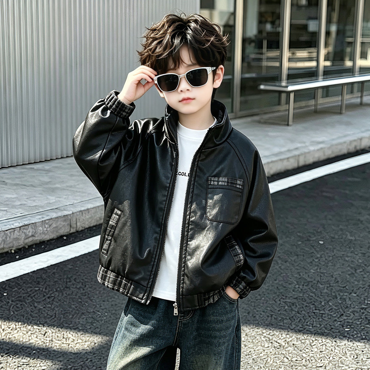 Boys' Trendy PU Leather Motorcycle Jacket Spring Autumn Cool Outerwear