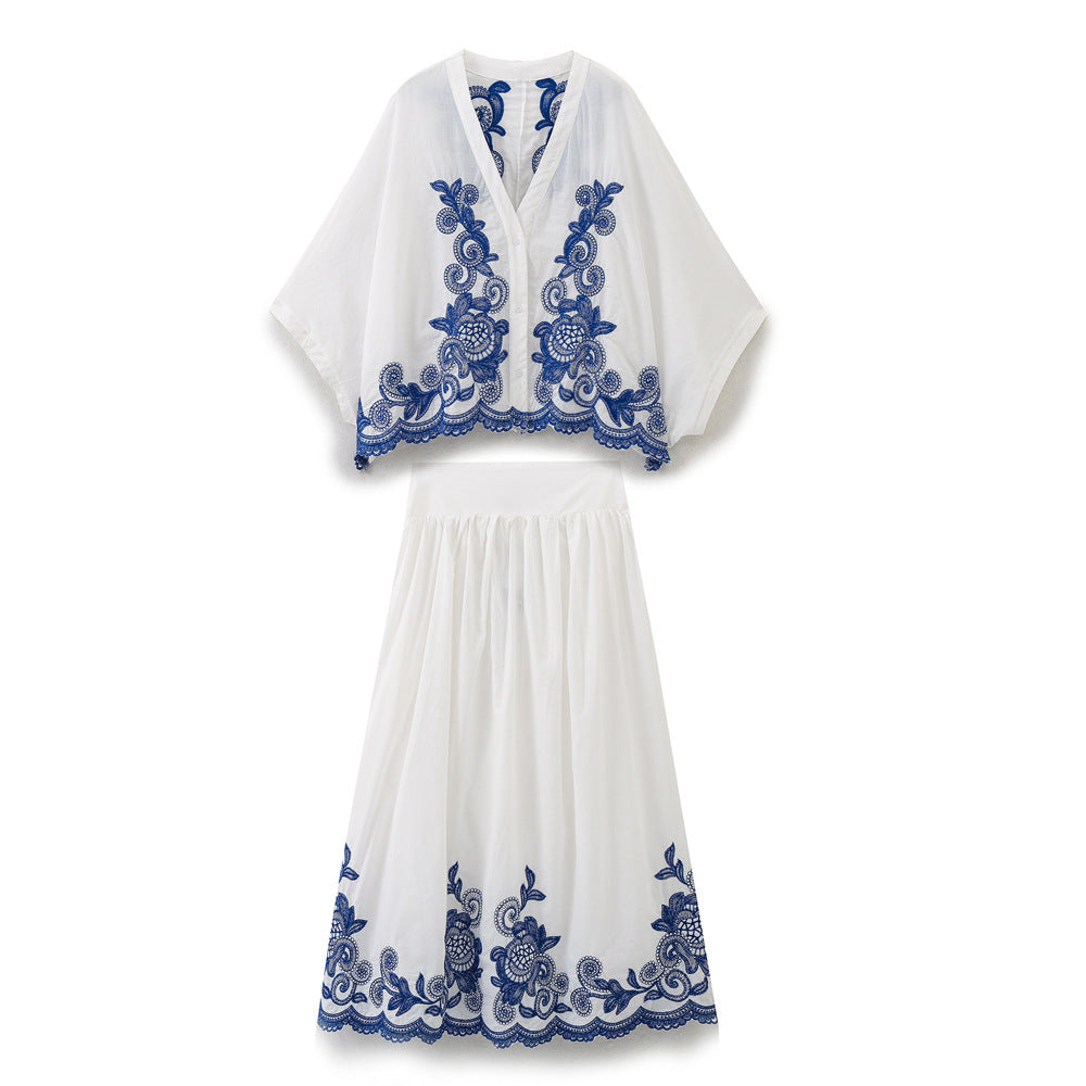 Loose Embroidered Long Sleeve Blouse + High Waist Embroidered Skirt for Women