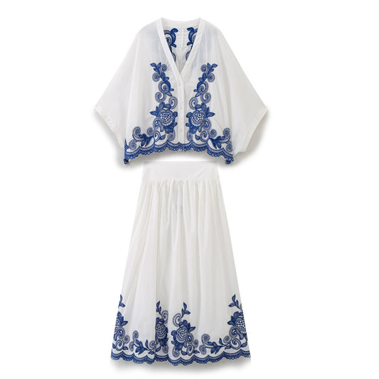 Loose Embroidered Long Sleeve Blouse + High Waist Embroidered Skirt for Women