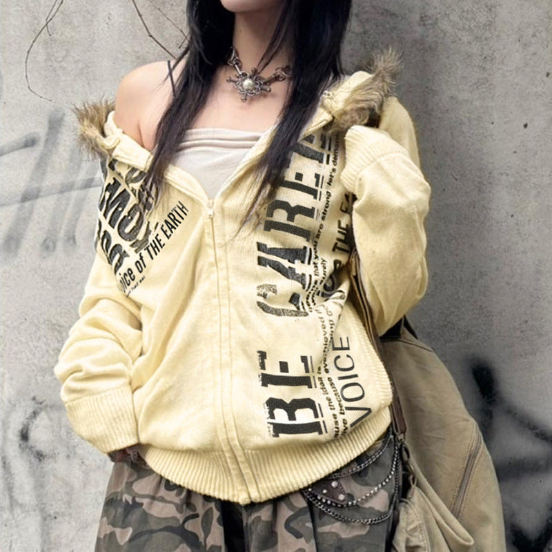 Memory YK Spicy Girl Personality Street Style Letter Fuzzy Patchwork Hooded Sweatshirt Women's Loose Casual Jacket