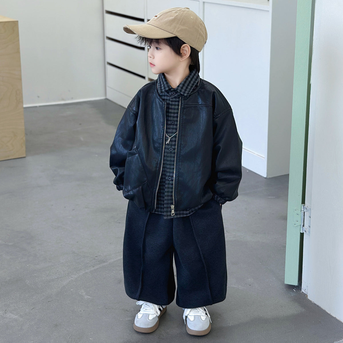 Boys Leather Jacket 3-Piece Set with Shirt and Striped Pants - product image 6
