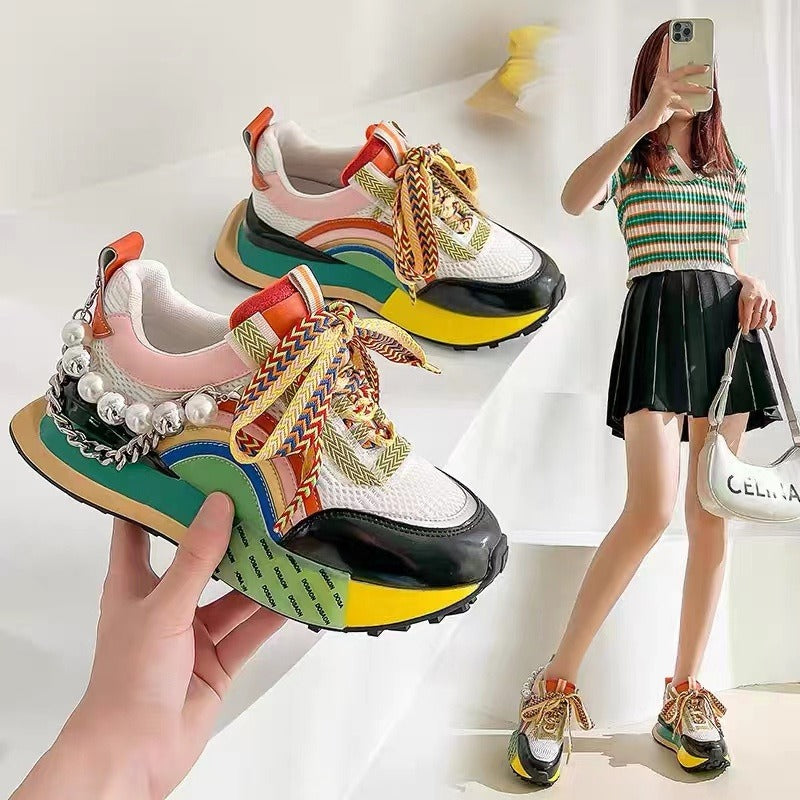 Women Leather Sneakers Lace Up Rainbow Colors Platform Shoes Pearls Chain - 2bazar4