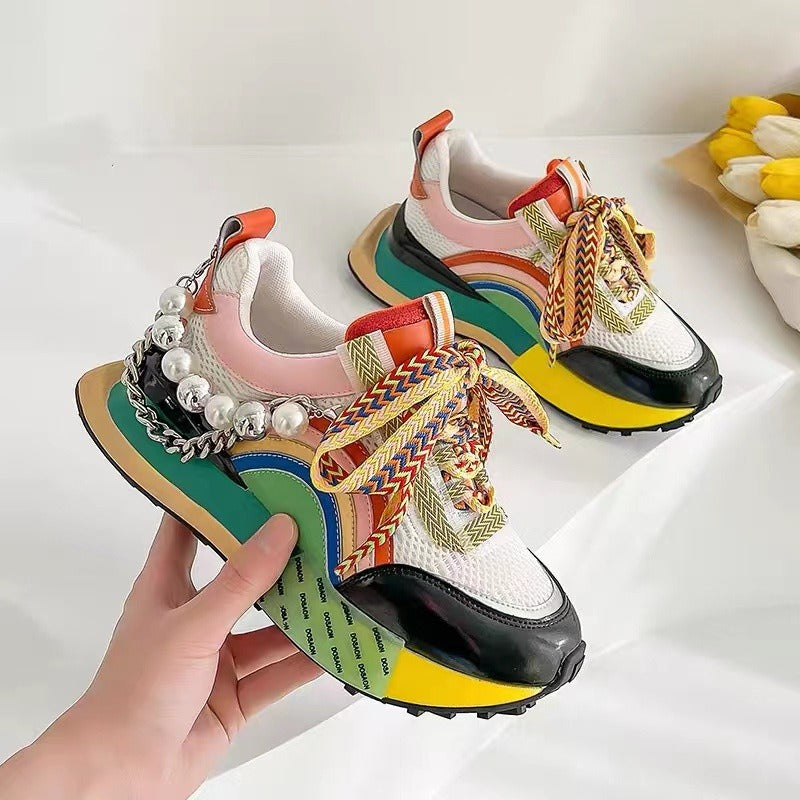 Women Leather Sneakers Lace Up Rainbow Colors Platform Shoes Pearls Chain - 2bazar4