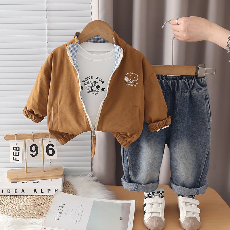 Casual Cartoon Printed Dog Head Zip-Up Jacket Three-Piece Set for Toddler Boys - product image 3