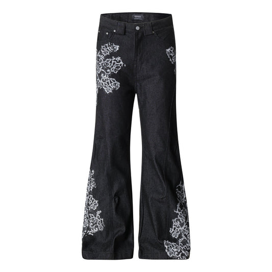 Plant printed denim bell bottoms