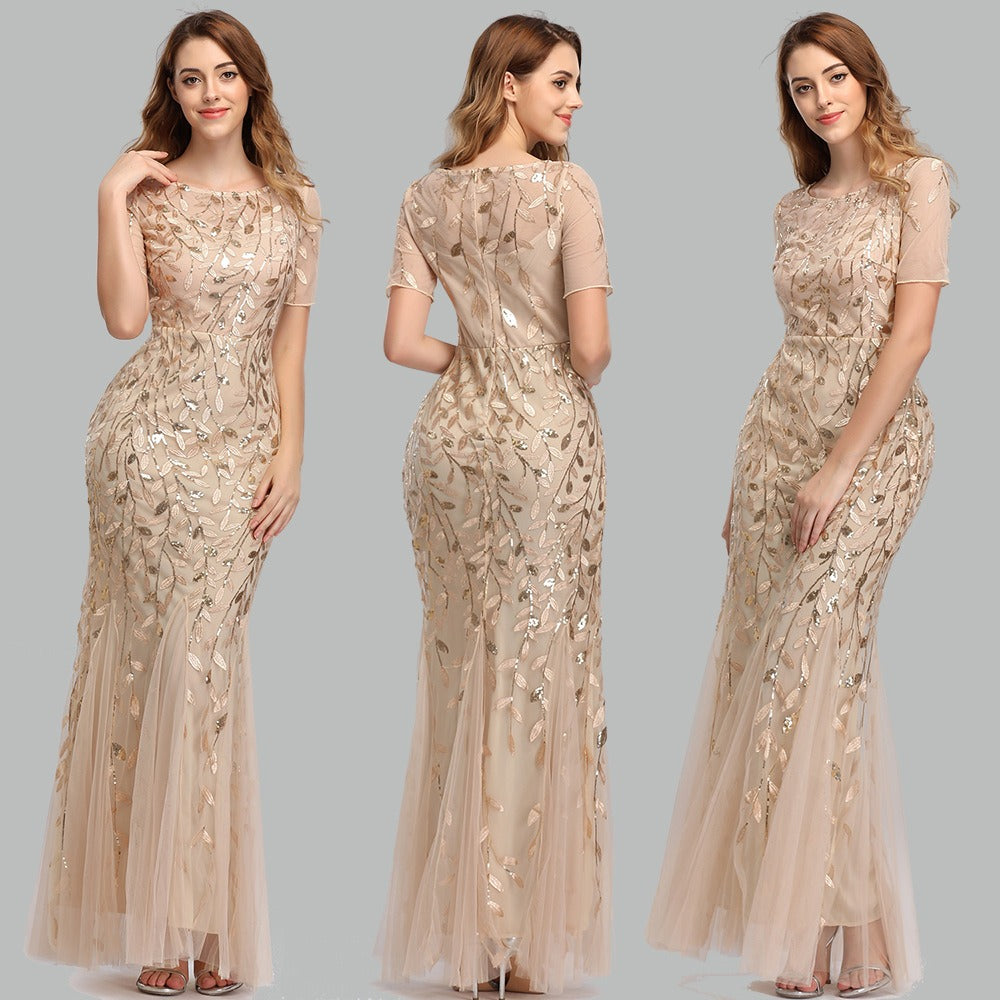 Slim fitting mesh sequin evening dress fishtail dress for women