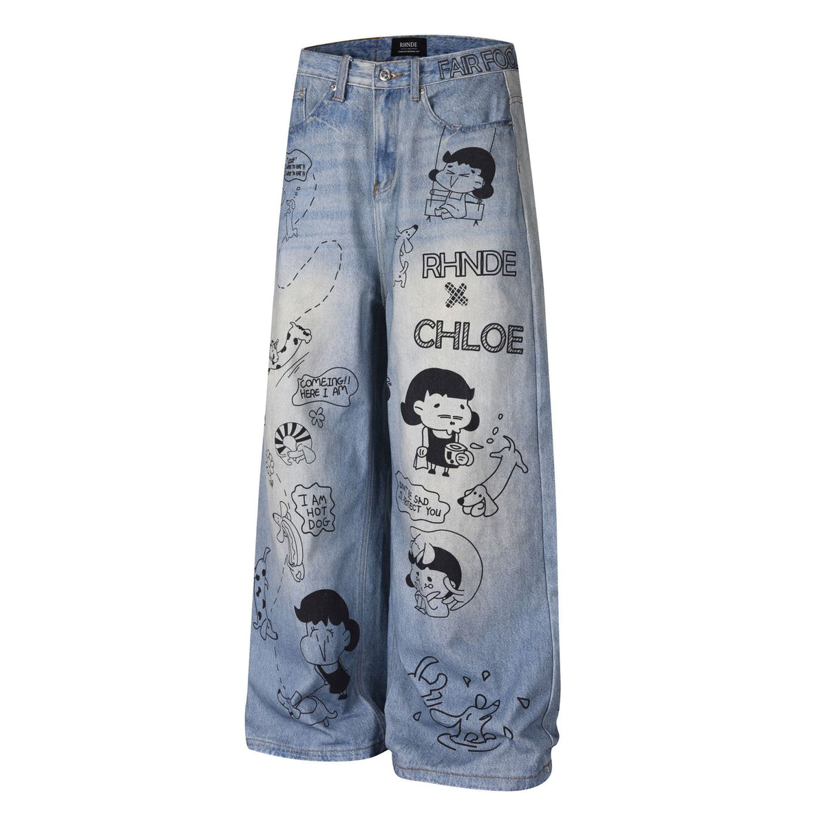 Women's Cartoon Graffiti Printed Distressed Washed Denim Wide Leg Straight Pants