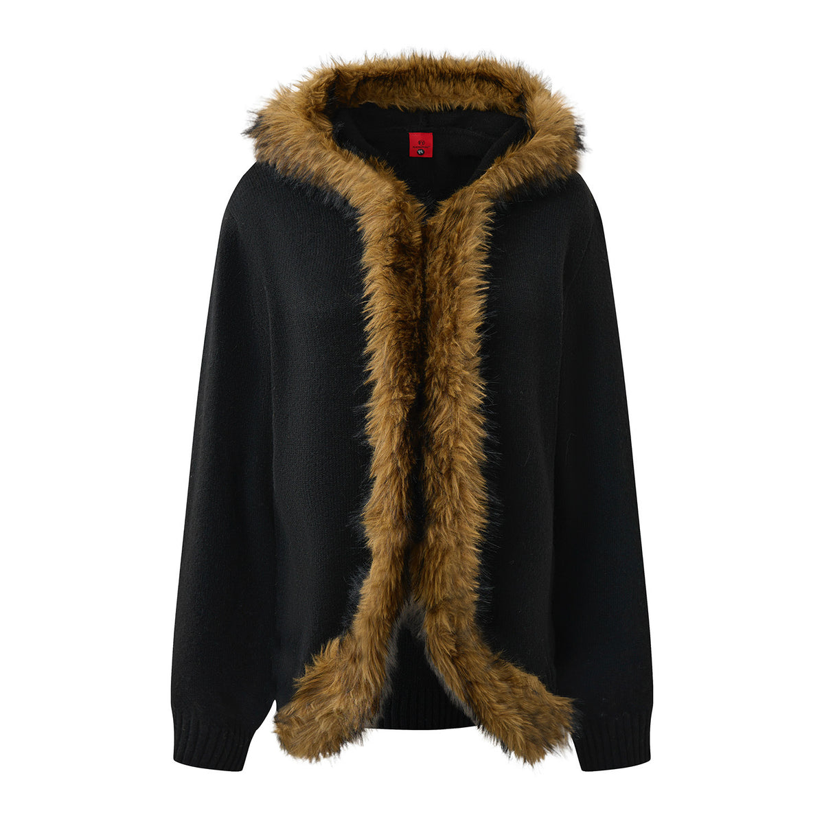 Women's Knit Cardigan Faux Fur Hooded Patchwork Sweater Jacket Loose Fit Open Front
