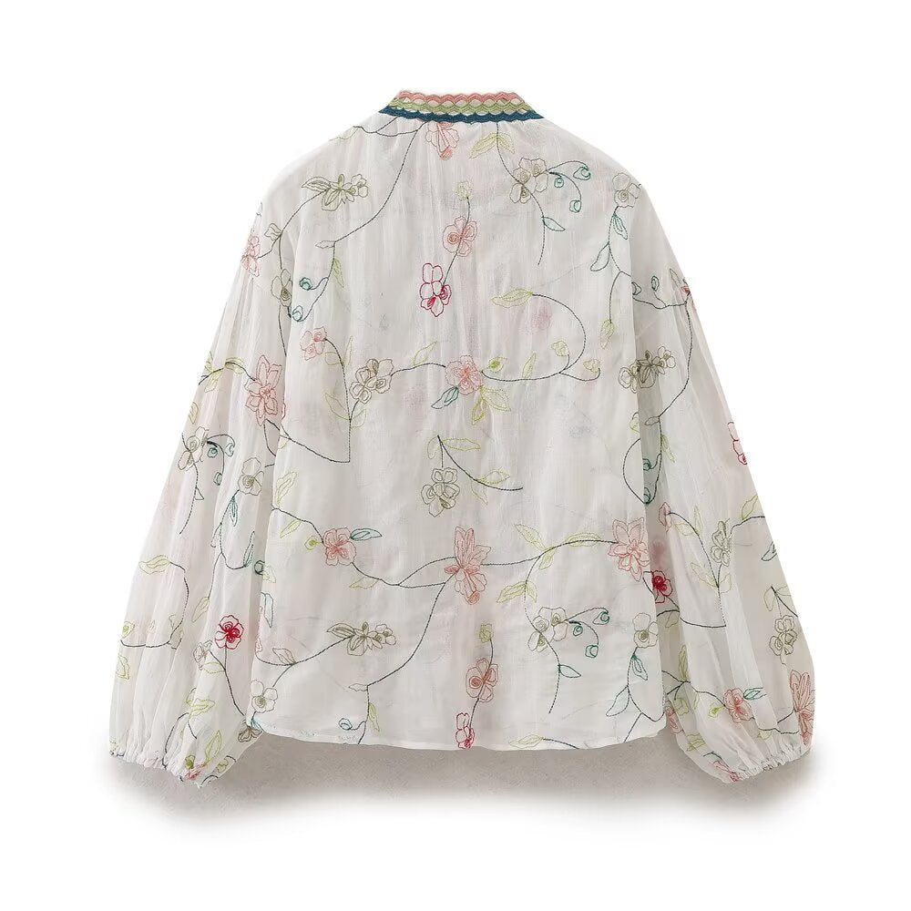 Flower Embroidered Loose Shirt+Flower Embroidered Half Skirt for Women