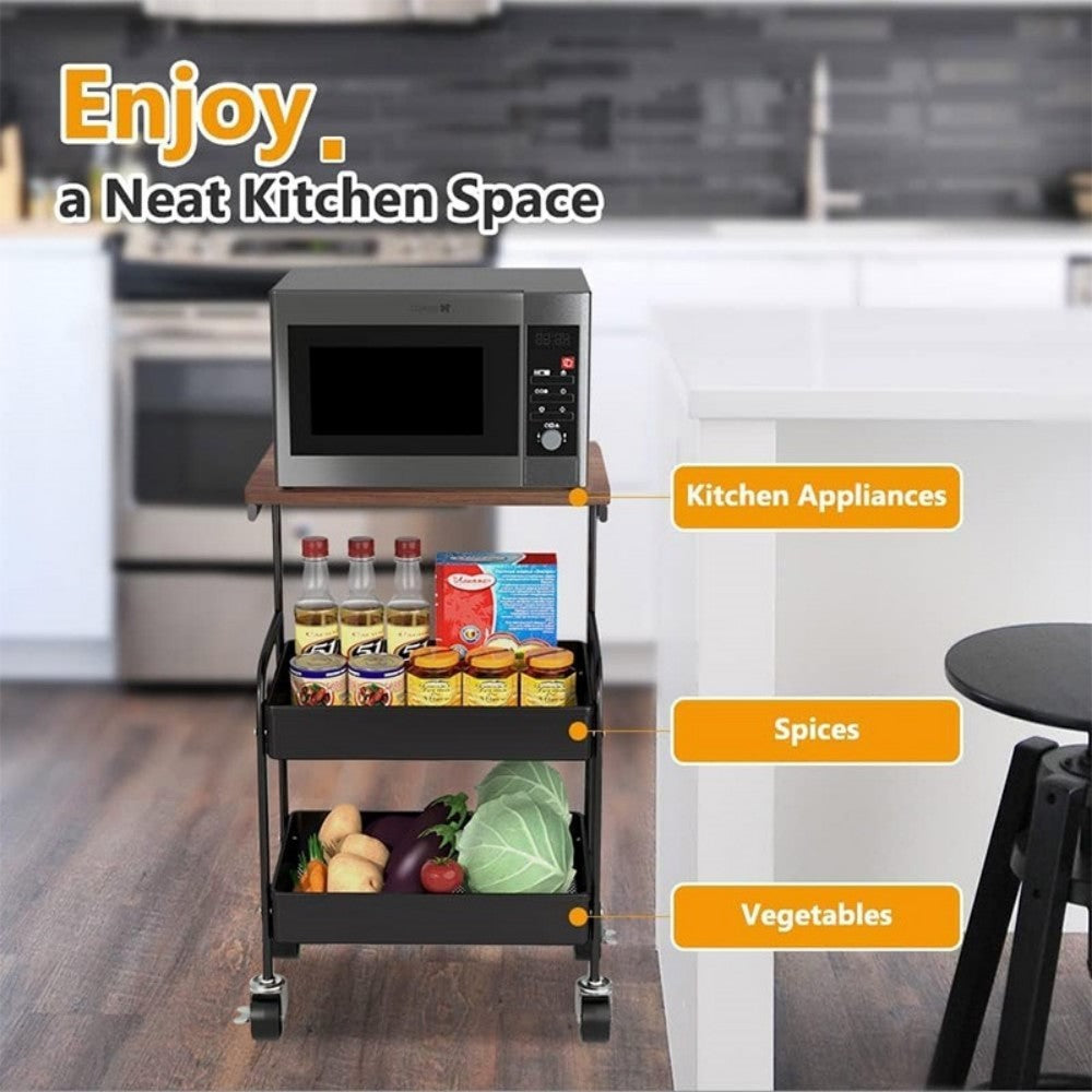 3 Tier Rolling Cart with Wooden Tabletop, 30in Lightweight Utility Cart with Lockable Wheels, Rolling Storage Organizer Cart  for Kitchen, Office, Bedroom