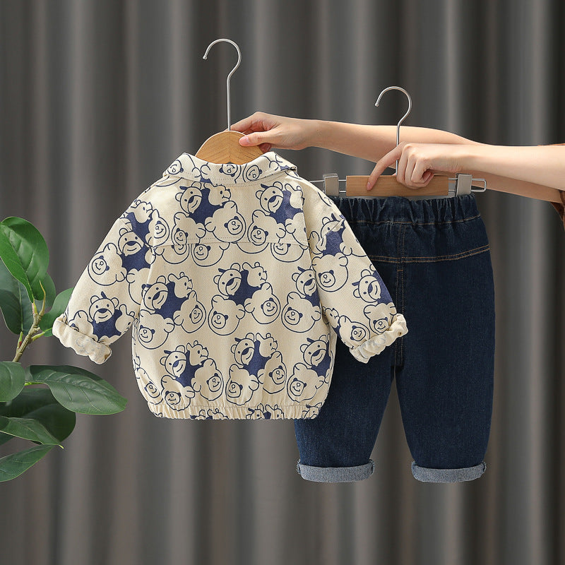 Toddler Bear Print 3-Piece Outfit Set – Zip Jacket & Trousers