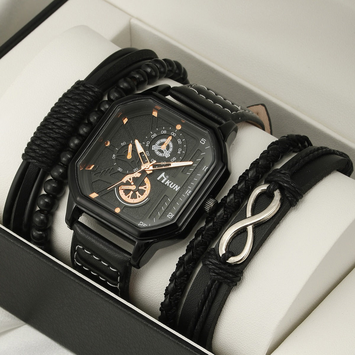 Fashion New Double Layer Square Shell Belt Casual Men's Sports BraceleDouble Layer Square Shell Belt Casual Men'Black long box ： L * W * H: 14.5cm * 6.5cm * 3cmWatch parametersThe total length of the watch buckle is approximately 26cM·Watch strap width approximately 2.2cm·The 