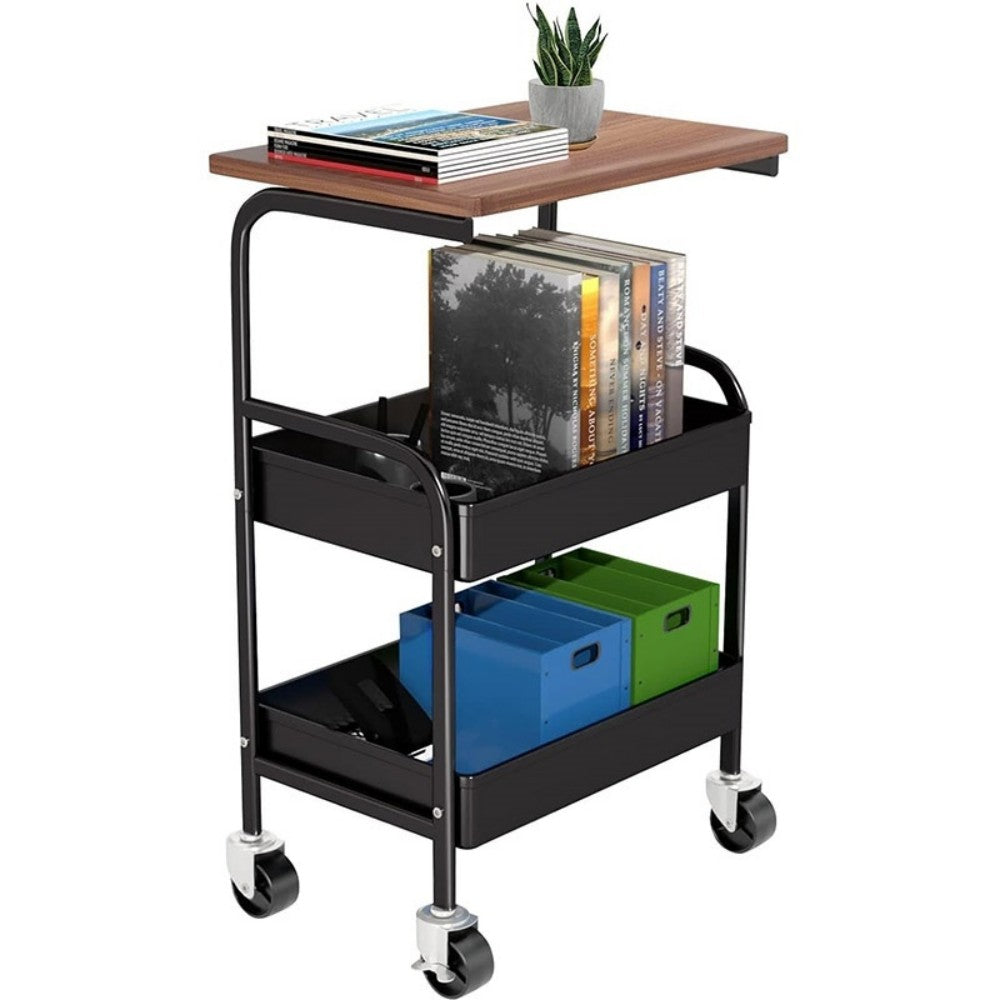 3 Tier Rolling Cart with Wooden Tabletop, 30in Lightweight Utility Cart with Lockable Wheels, Rolling Storage Organizer Cart  for Kitchen, Office, Bedroom