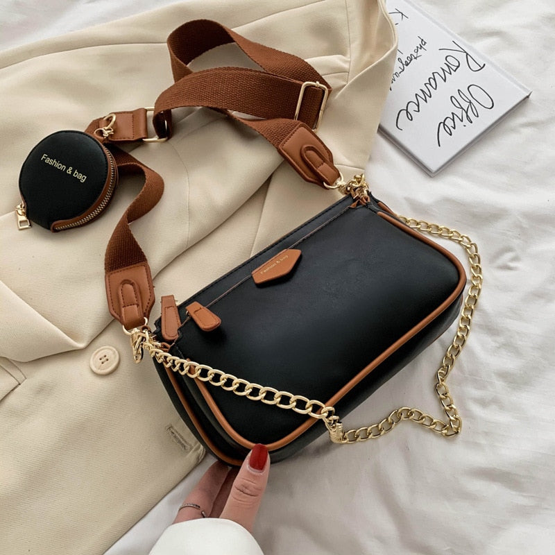 fashion chains women shoulder bags designer wide strap messenger bags luxury pu leather crossbody bag lady small purse 3 bag set eprolo