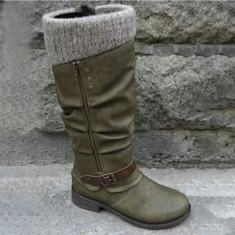 Large size mid length knight boots, new thick heeled side zippered woolen patchwork women's boots