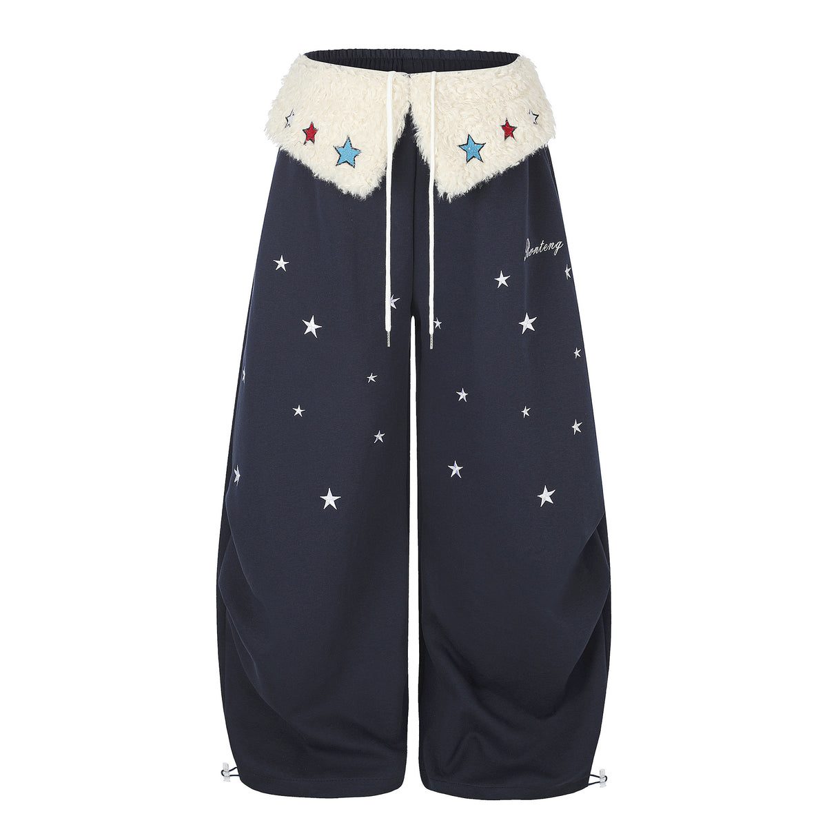Star Embroidered Wide-Leg Sweatpants with Drawstring Waist and Cuffable Hem