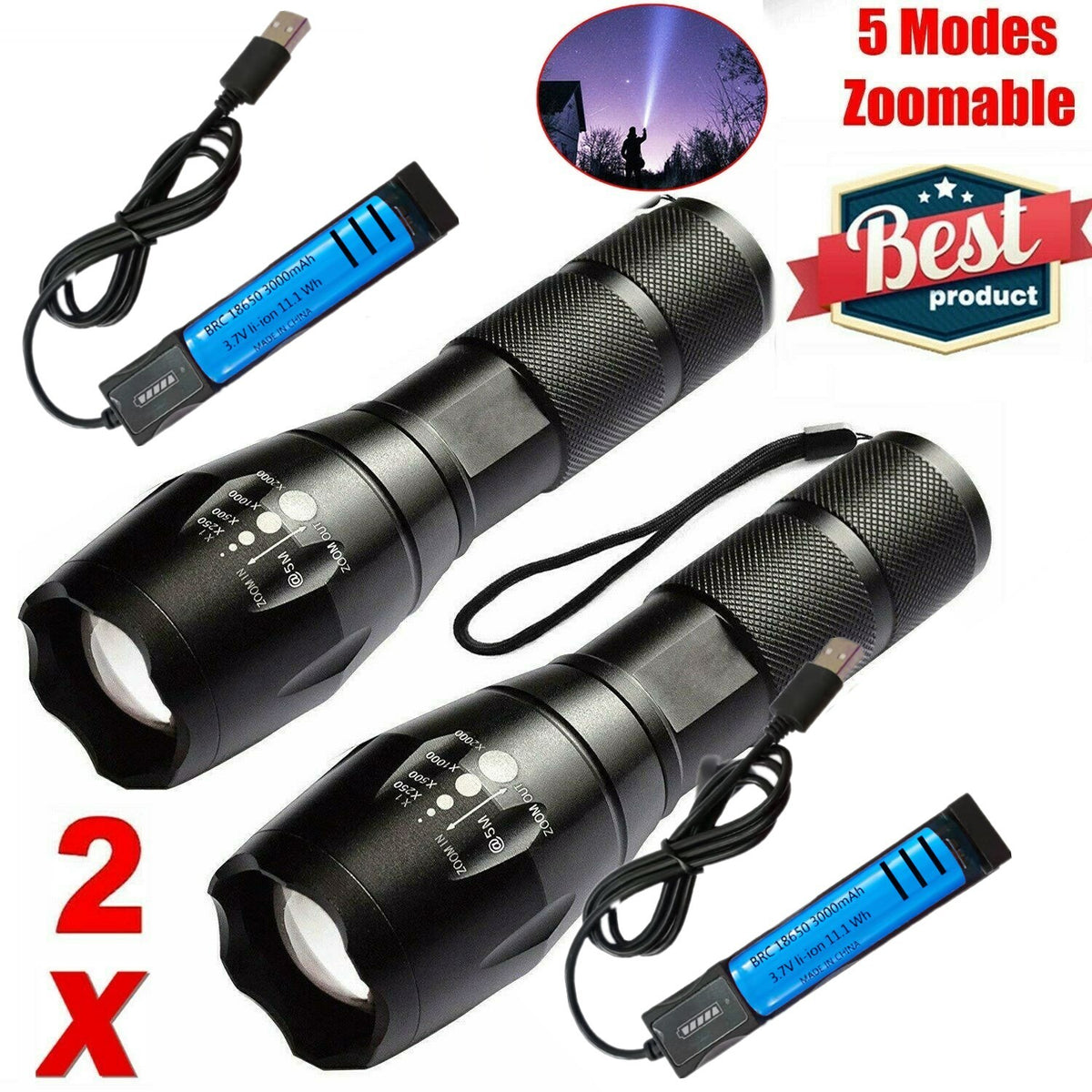 2Pack USB Rechargeable LED Flashlight Adjustable Focus Outdoor 5-Modes Flashlight +Battery+USB Charger Set(Platform policies vary; relevant qualifications are attached via link, please do not list products without required qualifications)