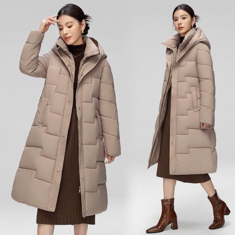 Women's Hooded Padded Long Coat with Wave Stitching