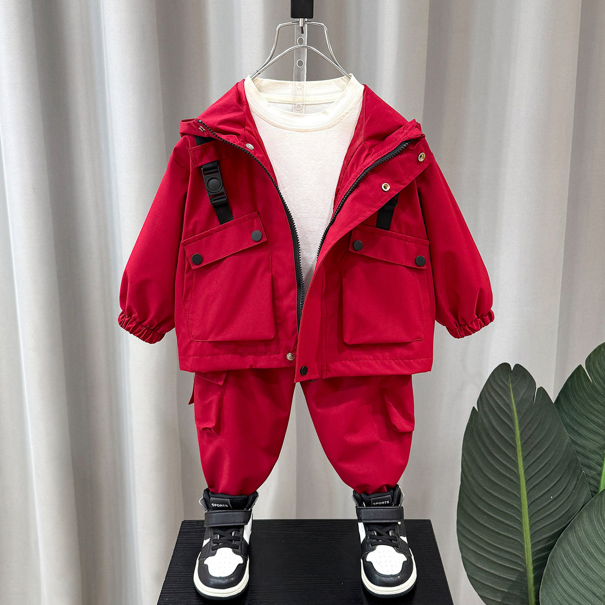 Boys' Cargo Hooded Jacket & Pants Set – Red/Black