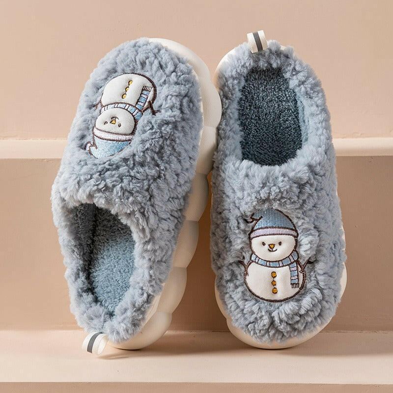 Cute Snowman Slippers Winter Indoor Household Warm Plush Thick-Soled Anti-slip Couple Home Slipper Soft Floor Bedroom House Shoe - 2bazar4