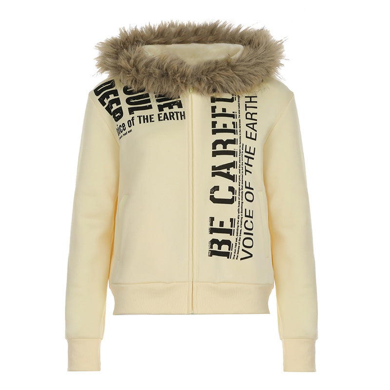 Memory YK Spicy Girl Personality Street Style Letter Fuzzy Patchwork Hooded Sweatshirt Women's Loose Casual Jacket