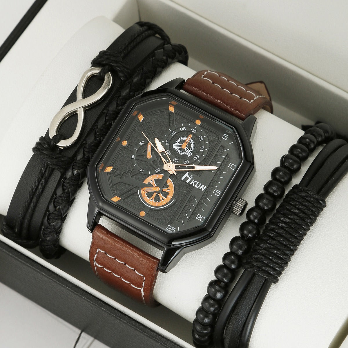 Fashion New Double Layer Square Shell Belt Casual Men's Sports BraceleDouble Layer Square Shell Belt Casual Men'Black long box ： L * W * H: 14.5cm * 6.5cm * 3cmWatch parametersThe total length of the watch buckle is approximately 26cM·Watch strap width approximately 2.2cm·The 