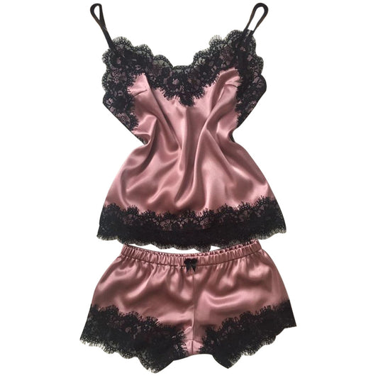 Women's Sleepwear Sexy Satin Pajama Set Black Lace V-Neck Pyjamas Sleeveless Cute Cami Top and Shorts pijama mujer algodon veran - 2bazar4
